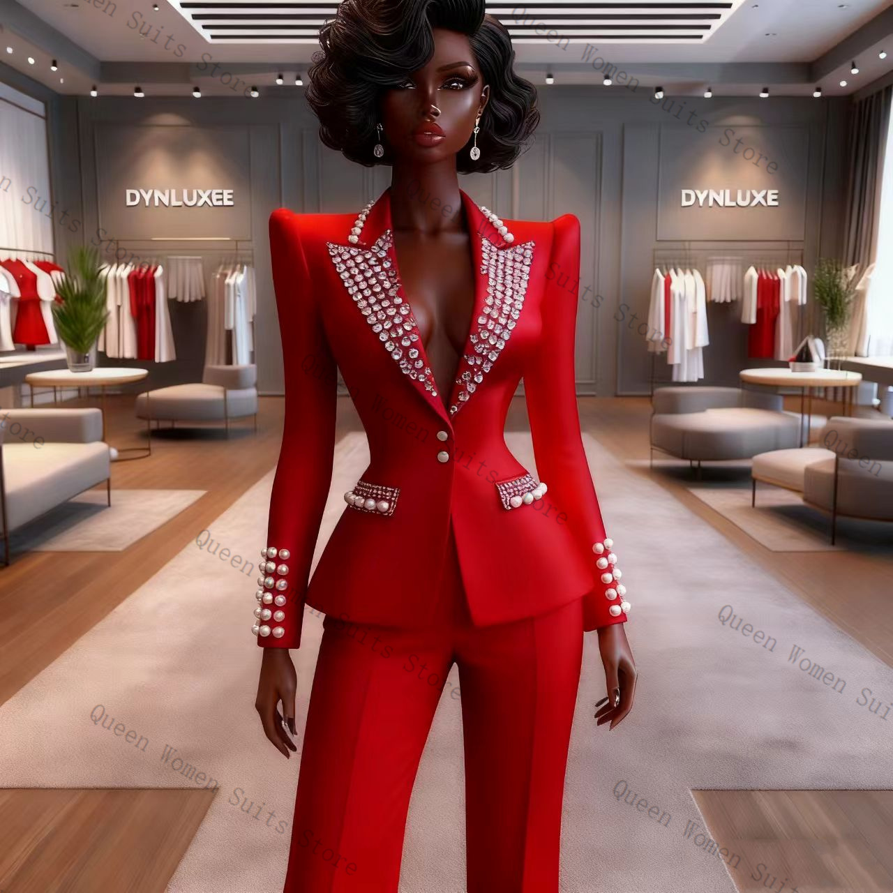 Women'S Red Formal Wear - طقم بدلة نسائية أحمر مزين باللؤلؤ