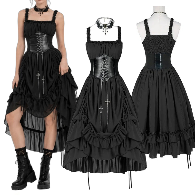 Midi Dress - فستان نسائي قوطي أسود بتصميم كورسيه،