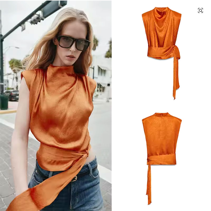 Silk Blouse - بلوزة قصيرة بدون أكمام بياقة شال