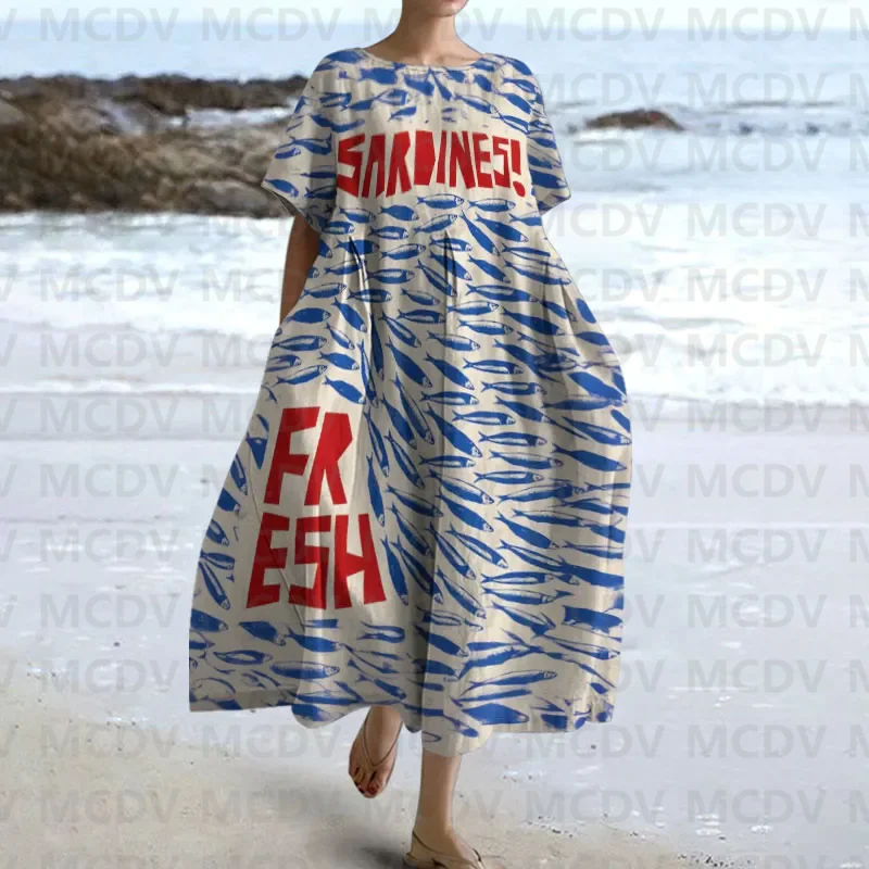 Midi Dress - اليابانية خمر الأسماك الفن طباعة المرأة